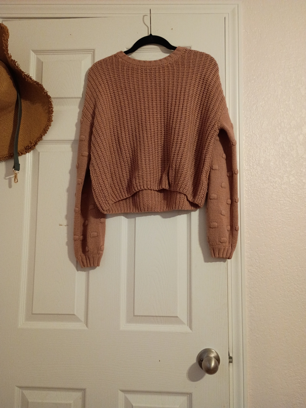 Moon & Madison Dusty Pink Pom-Pom Sleeve Cropped Crewneck Sweater